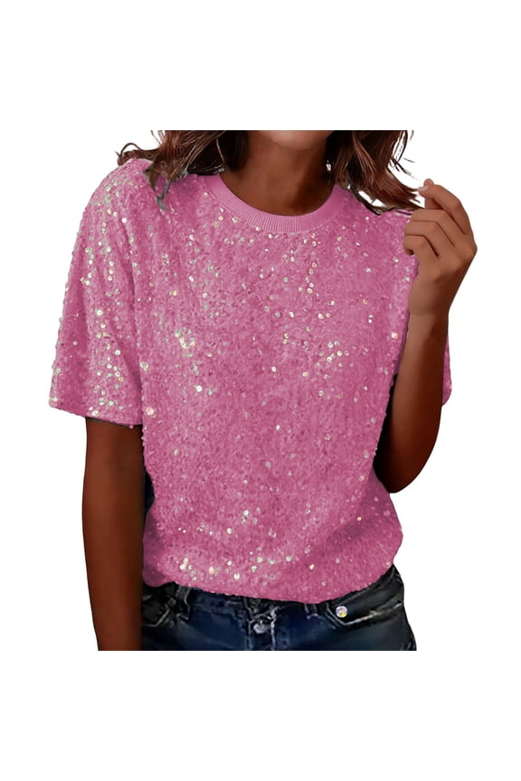 Womens Sparkly Sequins Short Sleeve T Shirt Loose Fit Top Glitter Casual Y2K Going Out Clothes Soft Lining Stylish Tops
