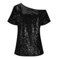 thumbnail image 1 of JAJAHO Womens Sparkly Short Sleeve T Shirts Slash Neck Casual Solid Color Glitter Sequins Tee Going Out Clothes Cozy Tops, 1 of 2