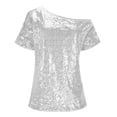 thumbnail image 1 of JAJAHO Womens Sparkly Short Sleeve T Shirts Slash Neck Casual Solid Color Glitter Sequins Tee Going Out Clothes Versatile Tops, 1 of 2