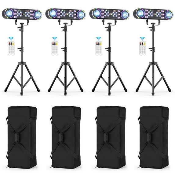 JAJALUYA 4Pack 7-in-1 DJ Lights with Stand DMX & Remote Professional Double Head Magic Ball Stage Light with Tripod Bag
