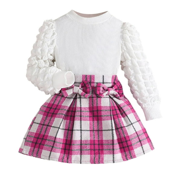 JAKANYQ Baby Girl Long Sleeve Top Plaid Printed Bow Skirt Two Piece Set Skin-Friendly Warm