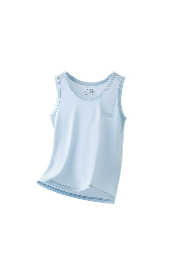 Boys' Tee Summer Lightweight Plain Colored Round Neck Sleeveless Lyocell Pullover Sporty Style, Blue, 9-10 Years