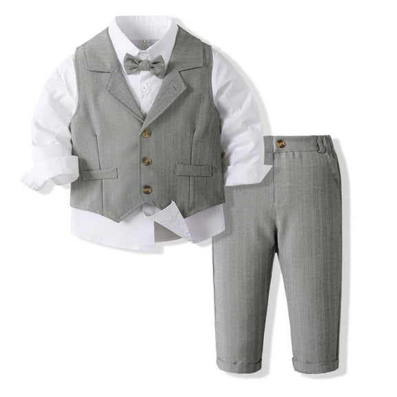 JAKANYQ Child Boys Formal Outfits Dress Shirt Vest Pants Bow Tie Suit Trendy Clothes, Grey, 18-24 Months