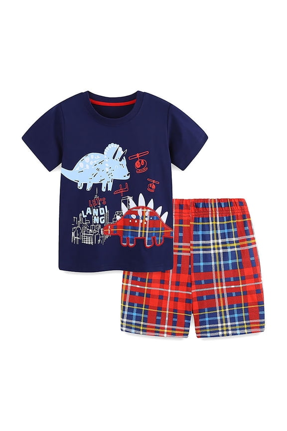 JAKANYQ Child Boys Outfit Short Sleeve Prints T Shirt Tops Shorts Kids 2Pc Set Outfits Clothes Holiday Vocation Beach, Navy, 2-3 Years