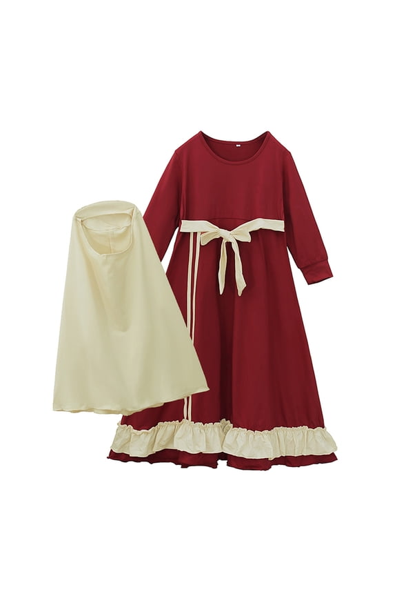 JAKANYQ Child Girls Clothes Floral Abaya With Hijab Full Length Robe Burka Maxi Little Kid Toddler Girl Dresses Modern Style, Red, 3-4 Years