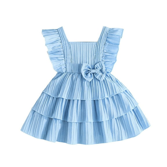 JAKANYQ Children Girls Summer Western Style Short Sleeved Small Floral Shawl Princess Style Flower Girl Dress, Sky Blue, 12 M -18 M