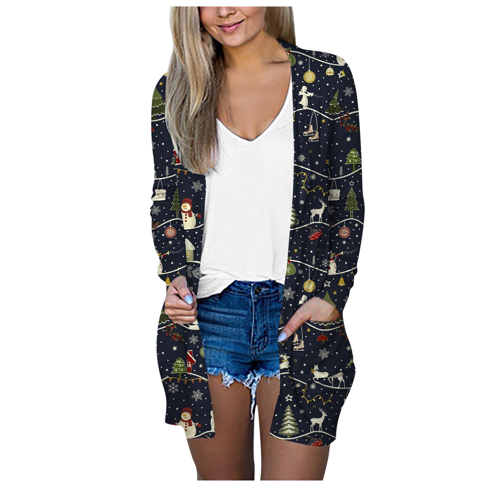 JAKANYQ Coats For Womens Christmas Print Vneck Cardigan Long Sleeve