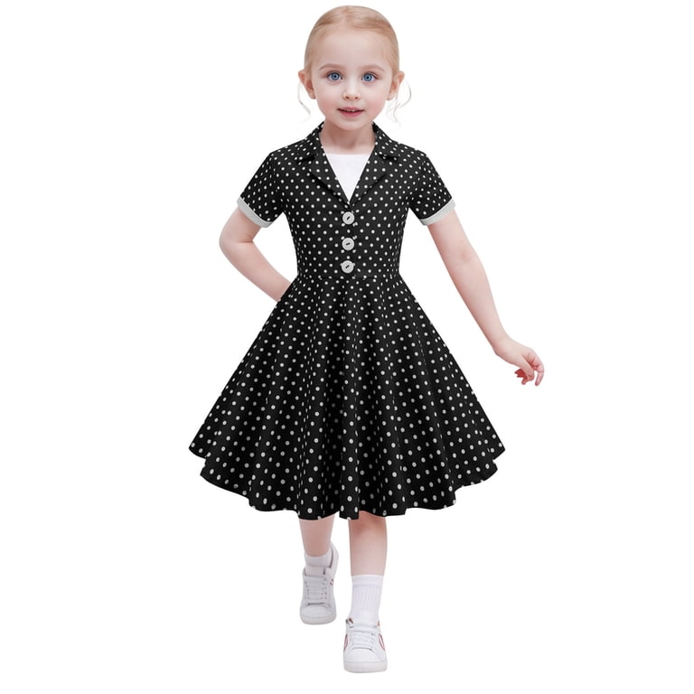 JAKANYQ Dress Kids Girls Short Sleeve Vintage Polka Dots Dress In 50s Style  - Walmart.com