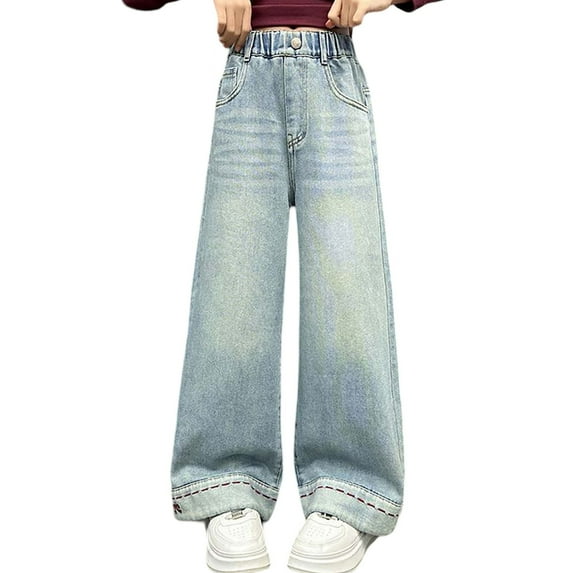 JAKANYQ Girls' Trousers Girls Fashion Cute Personality Pants Elastic Waist Wide Leg Jeans Casual Demin Pants With Pocket Everyday Wear, Sky Blue 12-15 Years
