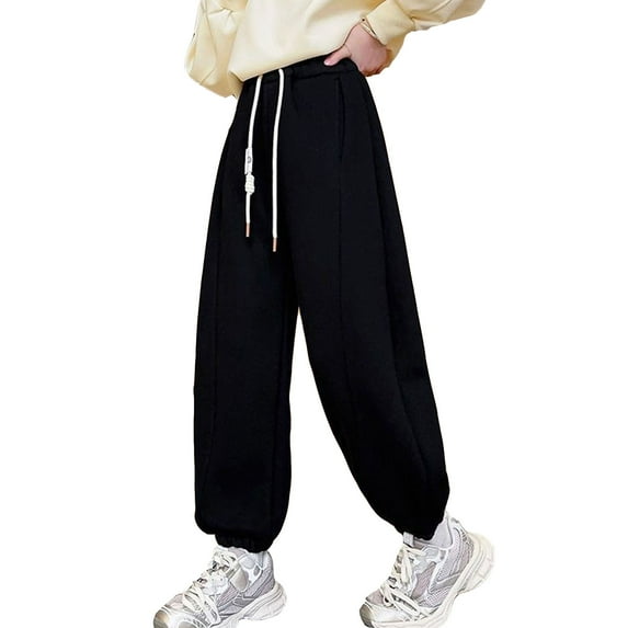 JAKANYQ Girls' Trousers Girls Pants Solid Color Tapered Pants Sweat Pants Casual Active Joggers Flower Girl Pants , Black 6-7 Years