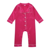 JAKANYQ Infant Baby Girl Boy Silk Pajamas Rompers Button Down Long Sleeve Satin Pjs Jumpsuit Onesie Hot Pink 12-18 Months