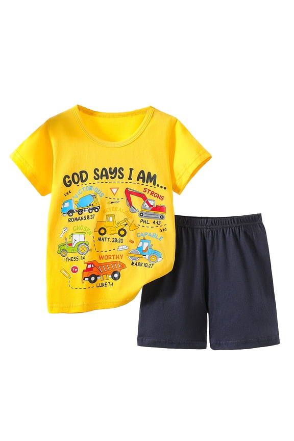 JAKANYQ Kids Boys Outfit Personality Fashion Print Short Sleeve Sets Outfits Shorts Solid Shirt Top Suits Holiday Beach Sets Active Wear, Yellow, 4-5 Years