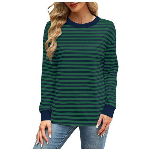JAKANYQ Ladies Sweatshirts Fashionable Contrast Color Loose Crew Neck Striped Long Sleeve Top Casual Wear Comfy Breathable