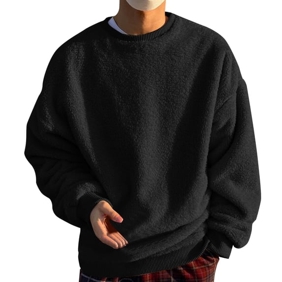 JAKANYQ Mens Sweatshirt Fuzzy Long Sleeve Sport Solid Color Fall Outwear Sweatshirts Loose-Fitting