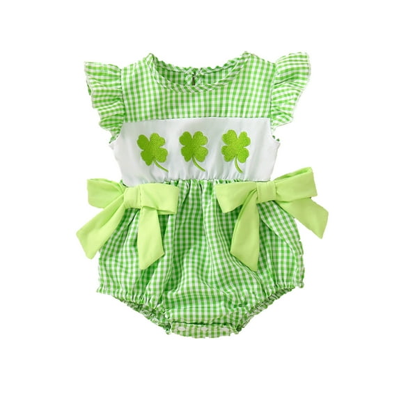 JAKANYQ St. Patrick's Day Newborn Baby Girl Ruffles Cute Cartoon Four Leaf Green Grass Print Jumpsuit Bodysuit Onesie