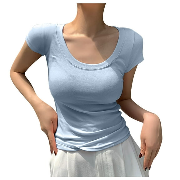 JAKANYQ Thermal Tops For Lady Short Sleeve Scoop Neck Basic Going Out Tops Fashion Slim Fit Tee Cloud Pro Collection Loose Comfortable