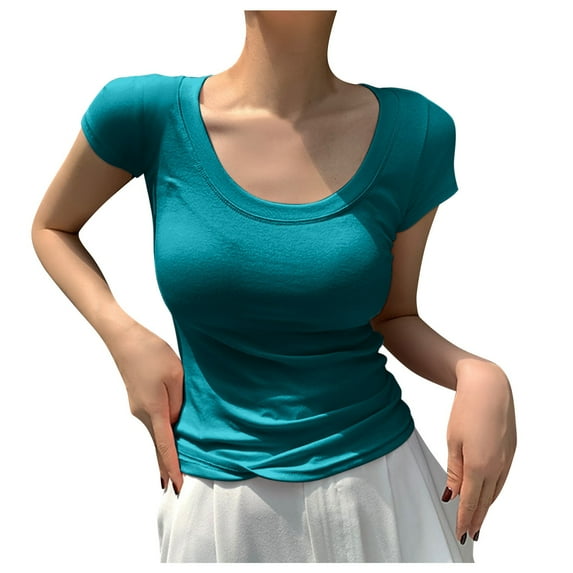 JAKANYQ Thermal Tops For Lady Short Sleeve Scoop Neck Basic Going Out Tops Fashion Slim Fit Tee Cloud Pro Collection Skin-Friendly