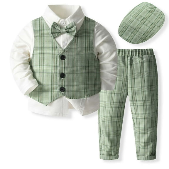 JAKANYQ Toddler Boys Outfit Tuxedo Gentleman Outfits Formal Dress Shirt+Vest+Pants Baby Suit Sets Fashionable , Green, 5-7 Years