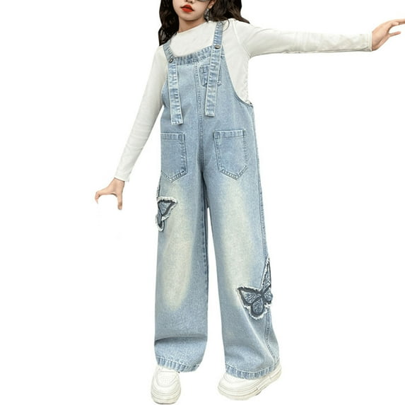 JAKANYQ Toddler Girls Fashion Cute Personality Pants Girls Denim Overalls Straight Leg Overalls Versatile Pants Light Blue 12-14 Years