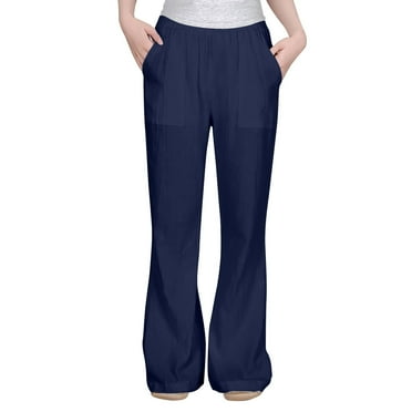 JAKANYQ Toddler Girls Pants Casual Flowy Loose Fit Linen Pants High Waist Pant Loose Flared Pants Kids Trousers Beach Pants Navy 13-14 Years