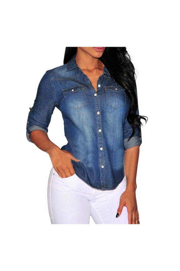 Vacation Vintage Washed Women Blouses Dressy Long Sleeve Denim Shirt Classic Retro Style Female Elegant Dailywear