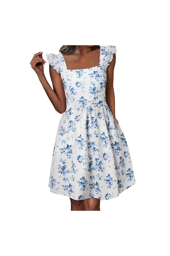 Women 2024 Summer Casual Cute Floral Flowy Square Neck Sundressses With Pocket Beach Dress Comfy Breathable
