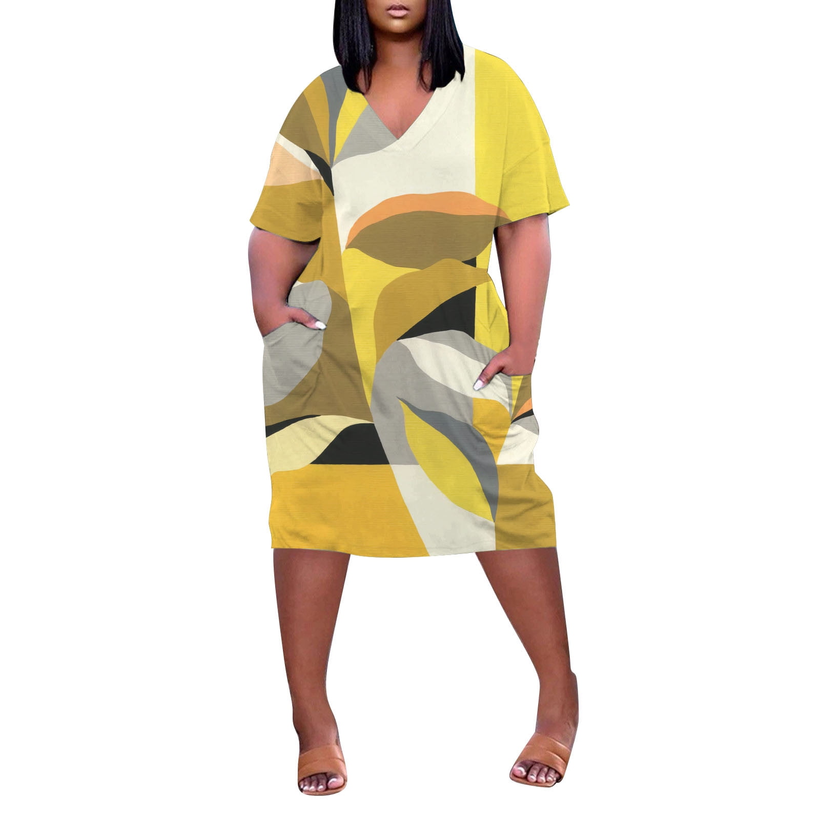 JAKANYQ Women Dress Casual Plus Size VNeck Dresses Short Sleeve Knee