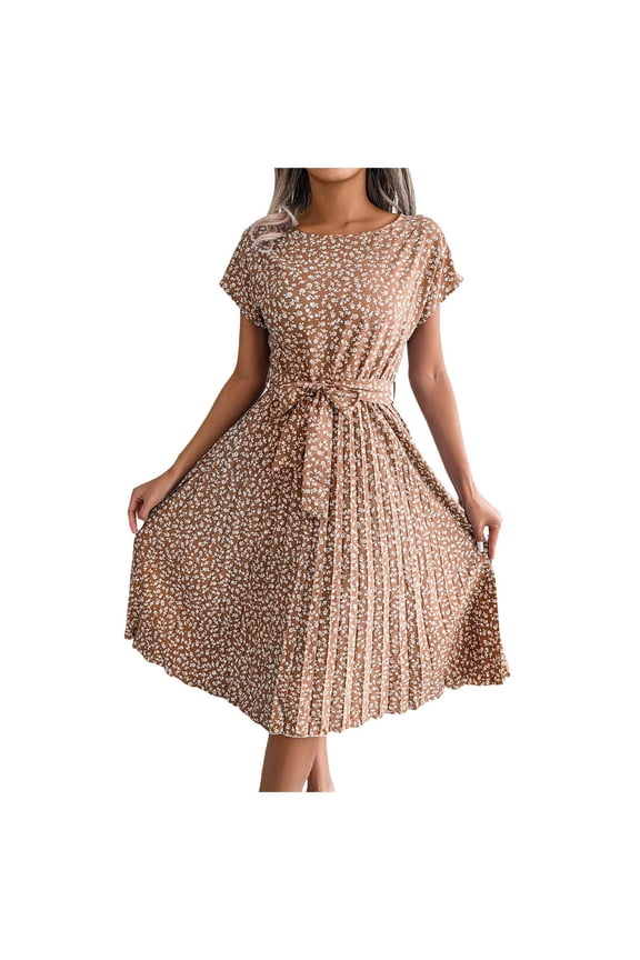 Women Dress Summer Midi Dress Small Petite Floral Print Short Sleeve Temperament High Waist Pleated Swing Dresses With Belt Ladies Cute Vacation Swing Flowy Bohemian Chic Dailywear