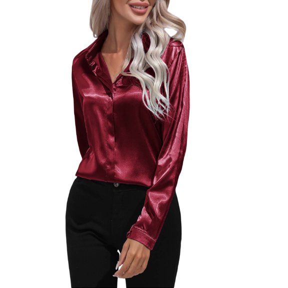 JAKANYQ Women's Blouse Satin Silk Shirt Button Down Shirt Casual Loose Long Sleeve Office Work Long Edition Blouse