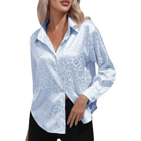 JAKANYQ Women's Fashion Casual Leopard Print Color Ding Shirt Women's Satin Imitation Silk Drape Long Sleeve Shirt