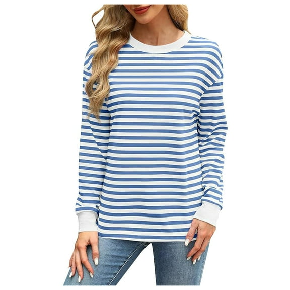 JAKANYQ Women's Sweatshirts Fashionable Contrast Color Loose Crew Neck Striped Long Sleeve Top Casual Wear Loose Comfortable