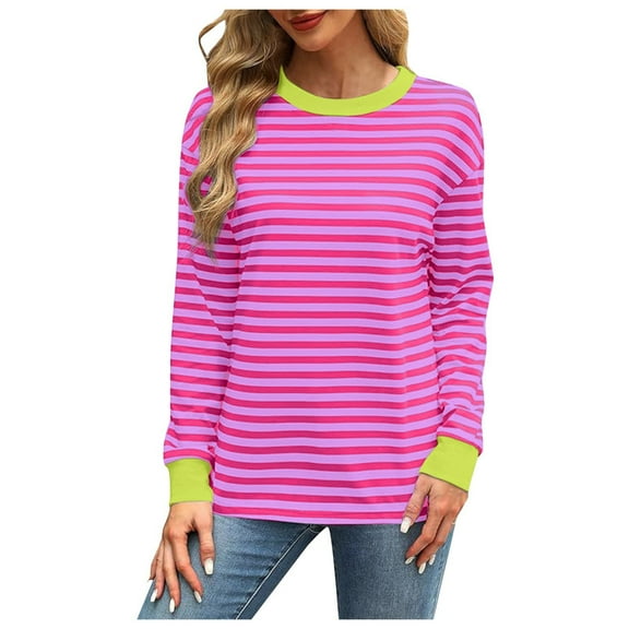 JAKANYQ Women's Sweatshirts Fashionable Contrast Color Loose Crew Neck Striped Long Sleeve Top Casual Wear Simple Stretchy