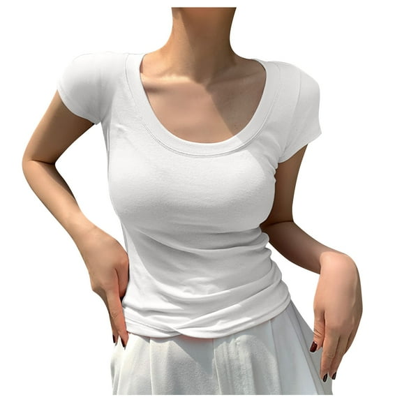 JAKANYQ Women's Thermal Tops Short Sleeve Scoop Neck Basic Going Out Tops Fashion Slim Fit Tee Cloud Pro Collection Simple Cozy