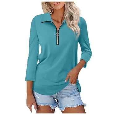 JAKANYQ Women's Tops 3/4 Sleeve V Neck Zippered Solid Color Shirt Sweatshirt Loose Comfortable