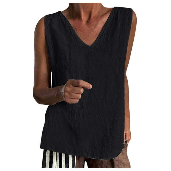 JAKANYQ Womens Camisole Cotton Linen Tank Top Casual V Neck Solid Color Sleeveless Summer Basic Camisole Skin-Friendly Relaxed