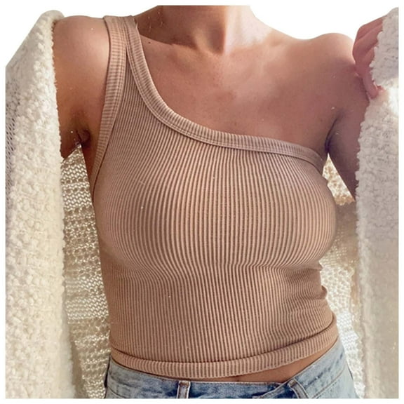 JAKANYQ Womens Camisole Solid Color Short Bustier One Shoulder Camisole Tank Top T Shirt Stylish Casual Crop Top Comfy Breathable