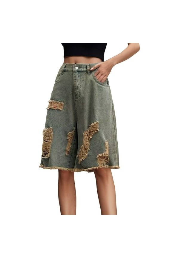 Womens Demi Pants Knee Length Baggy Denim Shorts Distressed Ripped Straight Wide Leg Shorts Alt Clothes Comfy Breathable Trousers