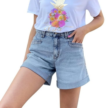 JAKANYQ Womens Demi Pants Summer Workwear Washed Blue Straight Leg Denim Shorts Comfy Breathable Trousers