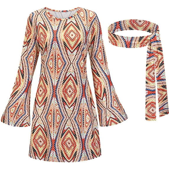 JAKANYQ Womens Dress Carnival 70s Hippie Disco Headscarf Two Piece Set Ladies Stylish Vacation Swing Flowy Chic Bohemian Summer Sundress