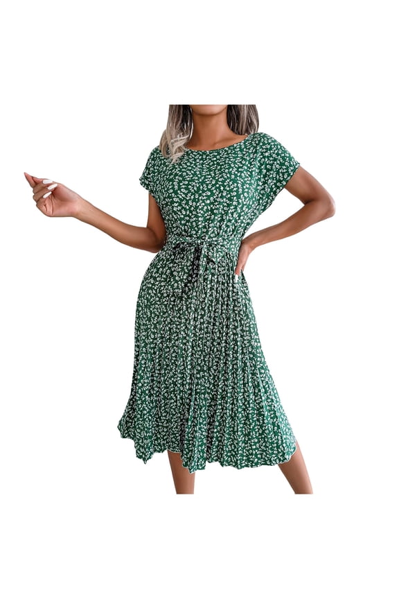 Womens Dress Summer Midi Dress Small Petite Floral Print Short Sleeve Temperament High Waist Pleated Swing Dresses With Belt Female Boho Vacation Swing Flowy Bohemian Chic Sundress