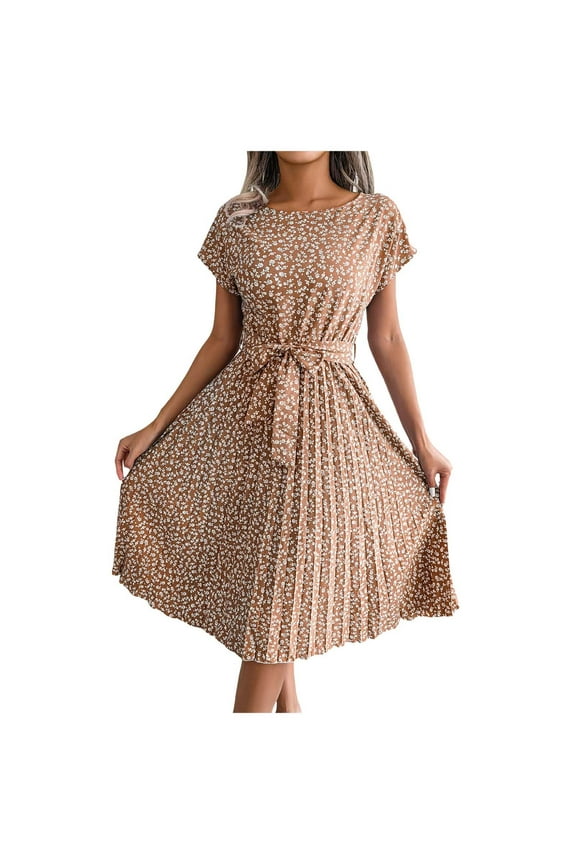 Womens Dress Summer Midi Dress Small Petite Floral Print Short Sleeve Temperament High Waist Pleated Swing Dresses With Belt Ladies Boho Vacation Swing Flowy Bohemian Chic Dailywear