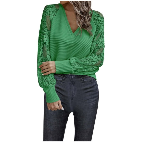 JAKANYQ Womens Sweaters V Neck Lace Long Sleeve Ribbed Knit Solid Color Pullover Top Warm Versatile