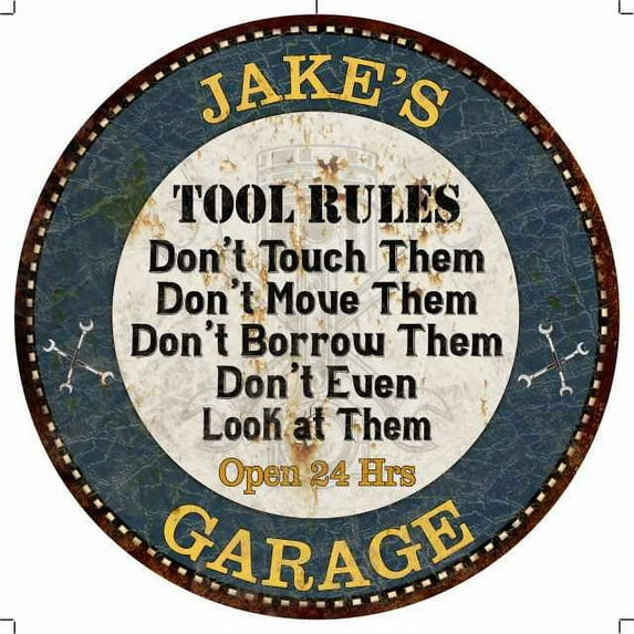 JAKE'S Garage Rules 12" Round Metal Sign Garage Bar Wall Décor 100140015067