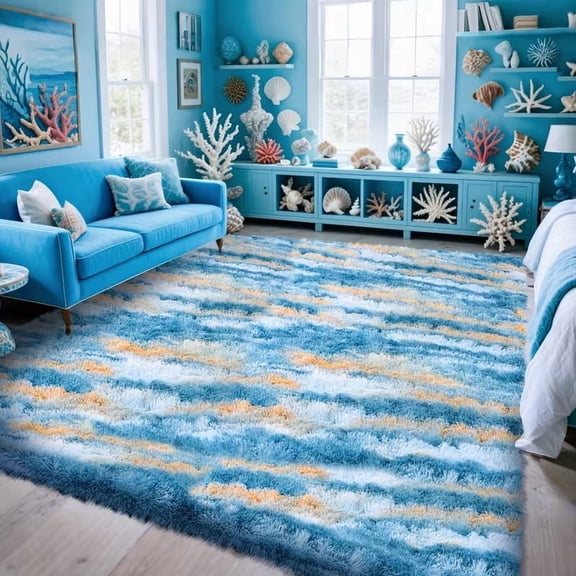 JAKOLIVE Abstract Blue Yellow Abstract Shag Area Rug, Soft Indoor Carpet, 4 x 6 ft