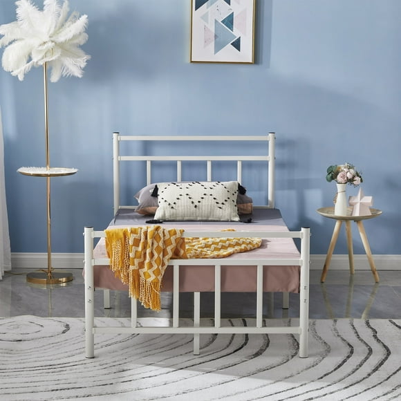 JAKOOLA Bed Frame Twin With Headboard Heavy Duty Supports Mattress Foundation,Platform Base Box Spring Replacement,White