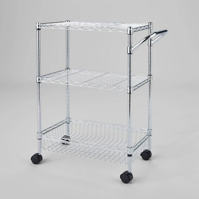 JAL 3 Tier Metal Utility Cart Chrome - Rolling Kitchen Storage, Adjustable Shelves