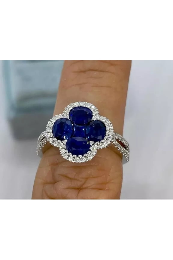 2.50Ct Oval Cut Lab Created Sapphire Flower Ring 14K White Gold Plated Silver