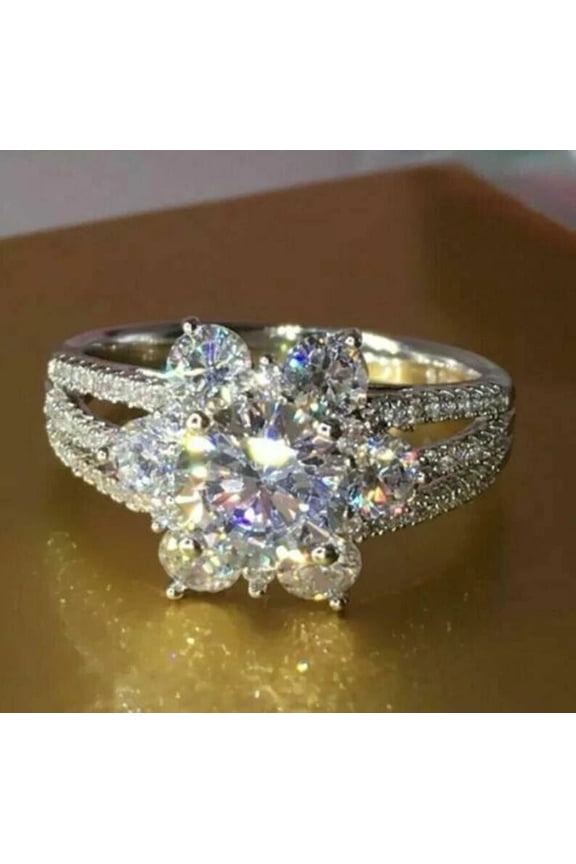 3 Ct Round Cut Moissanite Women's Flower Ring 14k White Gold Plated