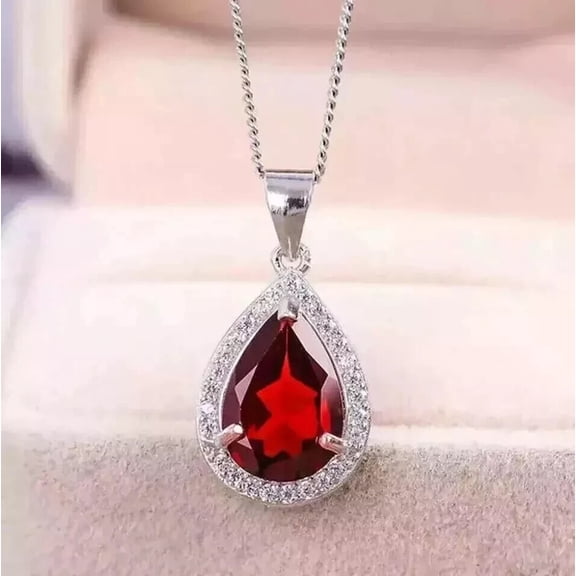 JALASH ONLINE 3Ct Pear Cut Lab Created Red Ruby Halo Charm Pendant 14k White Gold Plated