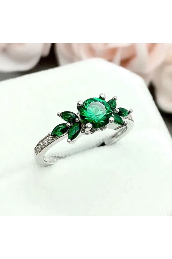 Flower Design Ring 1.79Ct Round Lab-Created Emerald 14k White Gold Plated Silver